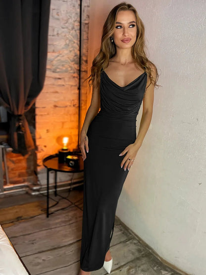 Backless Cowl Neck Sleeveless Cami Dress - Pefli