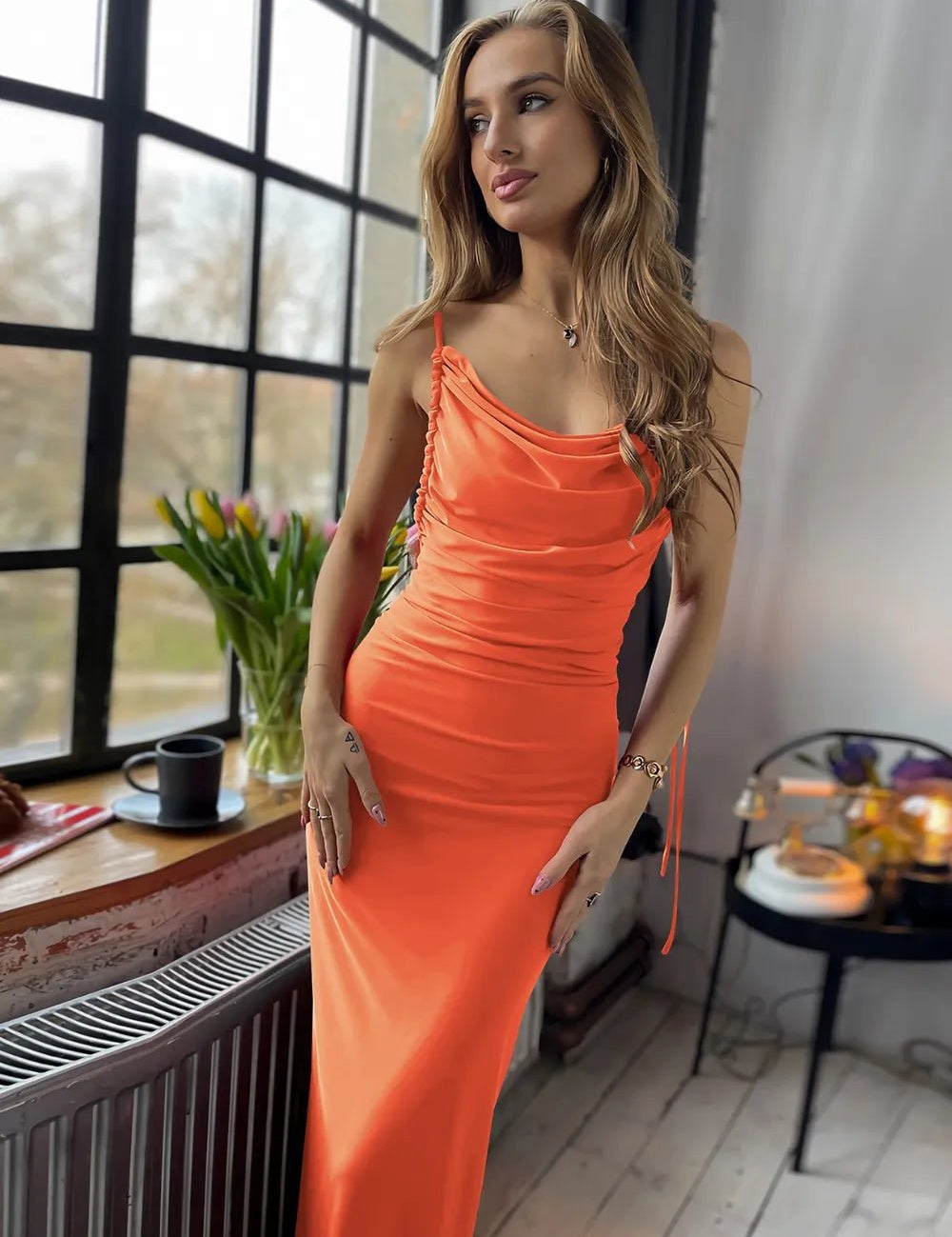 Backless Cowl Neck Sleeveless Cami Dress - Pefli